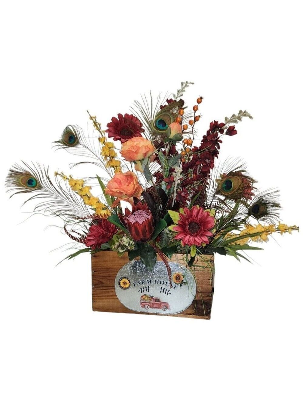 Farmhouse Floral Arrangement In Rustic Wooden Crate W/ Sunflowers & Peacock Feat